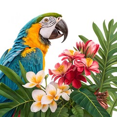 A vibrant parrot nestled in ripe tropical flowers, very clear, white background.