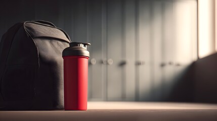 Gym locker room with sports bag and metal bottle, fitness and healthy lifestyle concept, workout motivation and exercise preparation