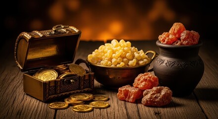 Treasure chest filled with gold coins and resin on wooden table  