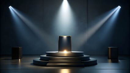 Dramatic spotlight illuminates a circular tiered platform with a central cylindrical pedestal in a dark atmospheric setting