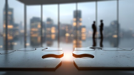 Two puzzle pieces connected on office desk, teamwork and corporate partnership concept illustrating collaboration and business problem solving