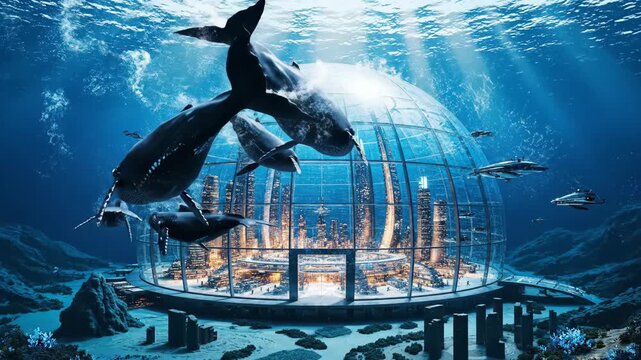 Large whales are swimming in the ocean, passing by a futuristic underwater glass dome covering a vibrant city with illuminated skyscrapers and advanced vehicles