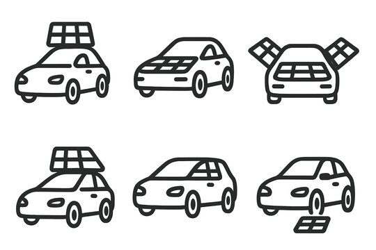 Solar Panel Vehicle Icons. Line style icons of solar panel placements on vehicles: rooftop solar grid, panel on hood, fold-out