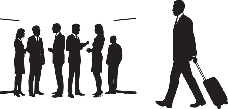 Business Traveler with Rolling Suitcase and Office Team — Silhouette Vector

