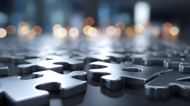 Two puzzle pieces connected on office desk, teamwork and corporate partnership concept illustrating collaboration and business problem solving