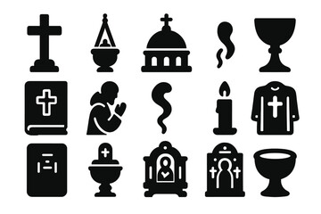 Byzantine Religious Icons. Solid style icons of Byzantine religion: altar cross, censer, church dome, chalice, gospel book,