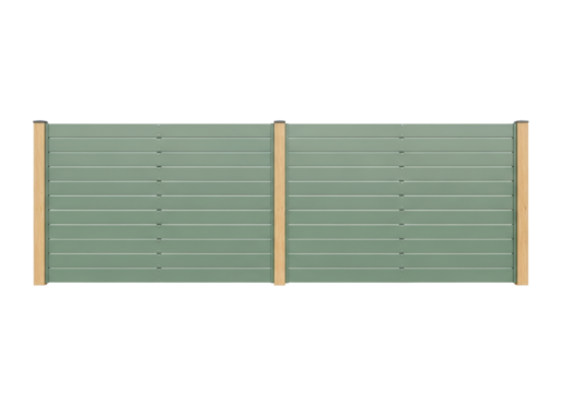 Isolated fence panel in modern design, wood and green composite fence with horizontal planks