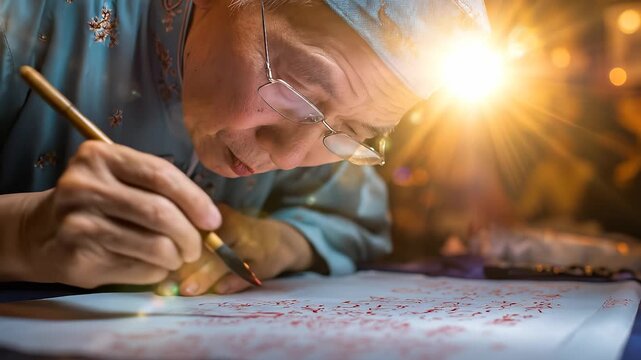 An elderly man intricately paints red characters on a large sheet of paper with a fine brush, concentrating deeply on each stroke. The warm glow of light highlights his skilled han