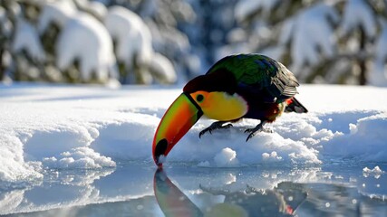 Brightly colored toucan stands on pristine snow beside a glassy pool, vivid tropical plumage contrasting with icy winter landscape to evoke surreal adaptation and climate contrast