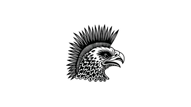 Eagle head illustration with mohawk in black and white against white background