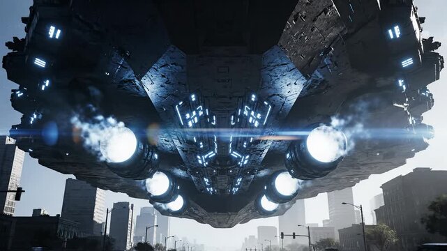 Giant Alien Spaceship Hovering Over City Street, Science Fiction Concept with Bright Lights and Futuristic Design for Creative Stock Footage