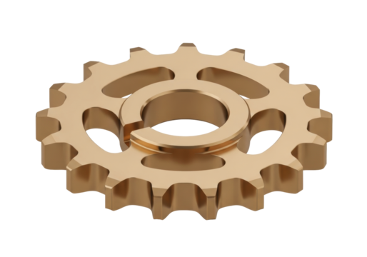Isolated close-up of a brown cogwheel with an inner ring, mechanical gear with teeth detail