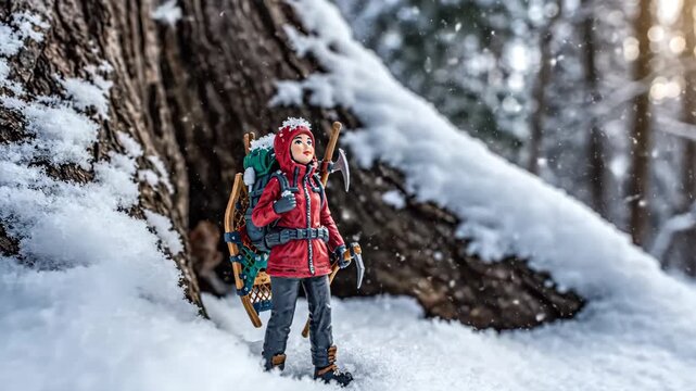 Miniature woman explorer wearing red winter gear, carrying a backpack and snowshoes while walking through a snowy forest, symbolizing winter adventure and mountaineering