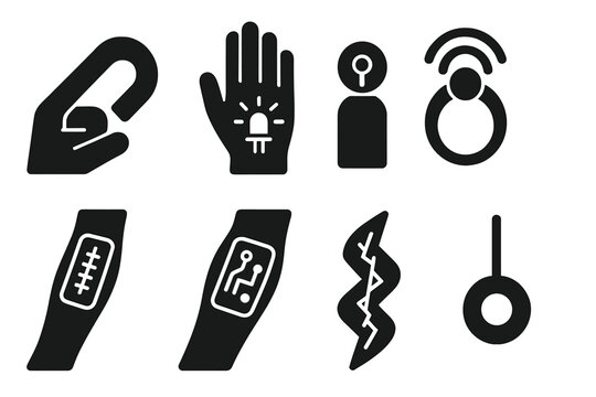 Body-Mod Icon Set. Solid style icons of body-mod interfaces: magnet finger implant, LED subdermal light, programmable piercing