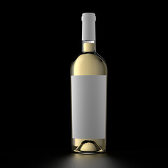 3d illustration of front view of white wine bottle with blank label and cap on dark background