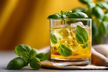 Refreshing basil cocktail with ice cubes and yellow background