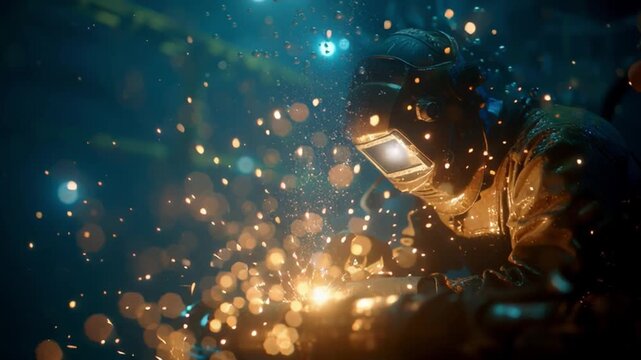 Diver welding underwater pipes in an offshore facility, sparks glowing in dark water, bubbles rising around, heavy equipment reflecting light.