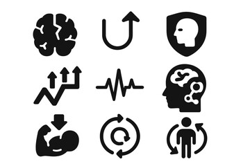 Resilience Icon Set. Solid style icons of leadership resilience training: resilient brain icon, bounce-back circuit, mental