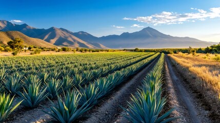 Agave field rows extending into mexico landscape