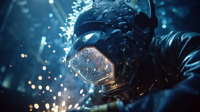 Diver welding underwater pipes in an offshore facility, sparks glowing in dark water, bubbles rising around, heavy equipment reflecting light.