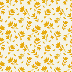 Bright yellow floral silhouettes scattered across a soft cream background, creating a cheerful, minimal, seamless botanical pattern perfect for textiles, decor, and packaging.