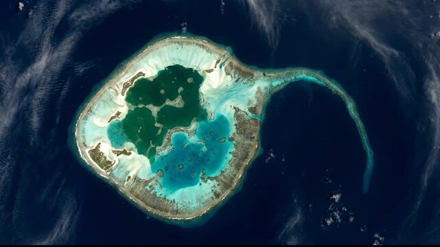 Atafu atoll seen from space, revealing vivid turquoise lagoons, ringed coral reefs and surrounding deep-blue south pacific, a remote tropical island ecosystem panorama