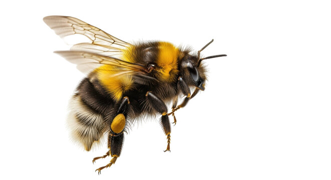 Isolated bumblebee closeup view of bee in flight, hairy insect, Bombus, honeybee, pollination