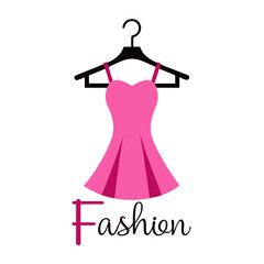 A simple graphic illustration of a pink dress hanging on a black hanger with the word 'Fashion' below.