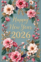 a flower themed happy new year 2026 postcard design featuring wide copy space, intricate botanical wreaths, gold embossed typography, pastel background tones.