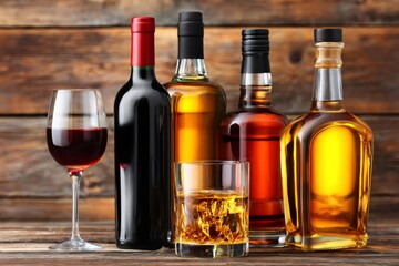 Obraz premium Assortment of alcoholic beverages including wine and a variety of spirits