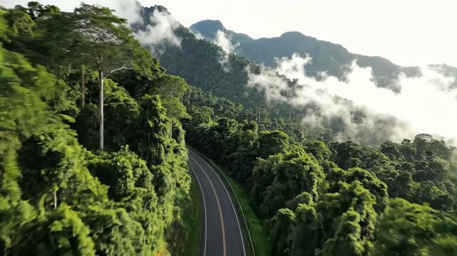 Curved asphalt road traversing lush green mountains and dense tropical forest, with a misty aerial view capturing fog and clouds clinging to the steep slopes and peaks