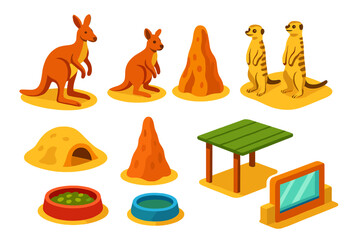 Fototapeta premium Isometric Zoo Animals Icons. Isometric vector illustration set Zoo animals – kangaroo, wallaby, meerkat; sandy mound, burrow