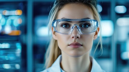 Focused Scientist in Lab with Protective Gear and Serious Expression