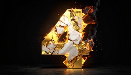 Bold molten-gold number 4 fused with cracked onyx stone, glowing embers, and arcs of liquid flame, showcasing a powerful blend of structural strength, surreal energy, and elemental elegance.