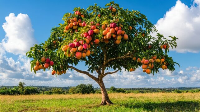 Lush mango tree loaded with ripe fruit in a field under a partly cloudy sky. Ideal for food, nature, or agriculture stock