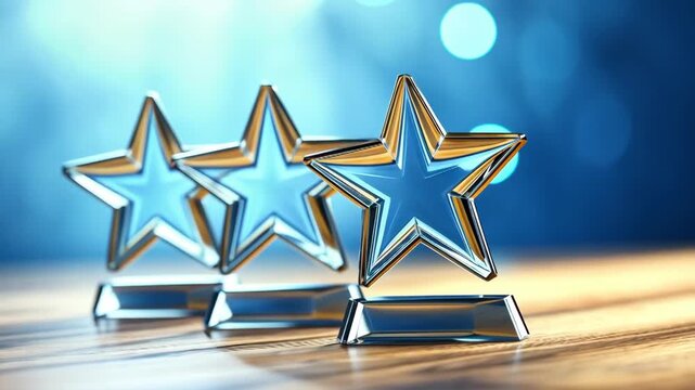 Three shiny star trophies on a wooden surface with a blue background.