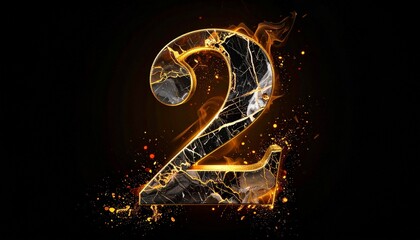 Shimmering gold-veined number 2 carved from fractured onyx, swirling with molten light and ember sparks, creating a surreal blend of fluid motion, mystical energy, and regal sculptural artistry.