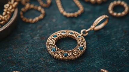 Elegant gold pendant with blue gemstones on textured background