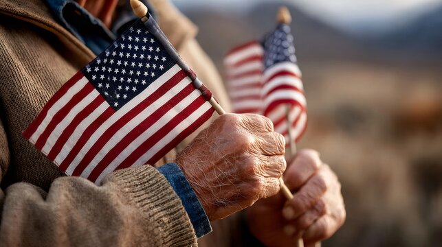 Elderly hands holding american flags showing patriotism