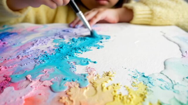 Child hand holding a paintbrush and mixing vibrant pastel powder paints with water on white paper, creating a colorful and expressive abstract artwork