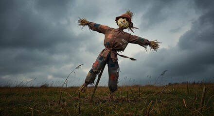 Scarecrow in field under dramatic cloudy sky depicts agricultural setting