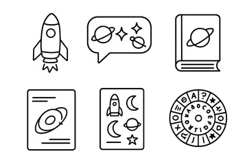 Space Literacy Icons. Line style icons of space literacy and terminology: glossary page with rocket, astronomy vocabulary bubble,