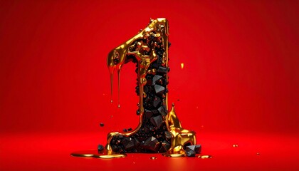 Towering molten-gold number 1 sculpted from obsidian shards, pulsing with liquid fire and glowing embers, creating a surreal fusion of elemental strength, divine precision, and luxurious craftsmanship