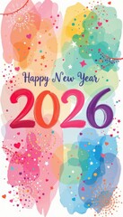 Colorful watercolor-style New Year 2026 greeting card with stars, hearts, and fireworks accents.
