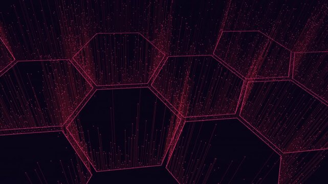 A 3D rendering illustrating a honeycomb pattern composed of hexagonal shapes connected in a grid, with intertwining red lines enhancing the structure's intricate beauty