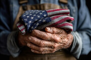Old weathered hands holding american flag with patriotism