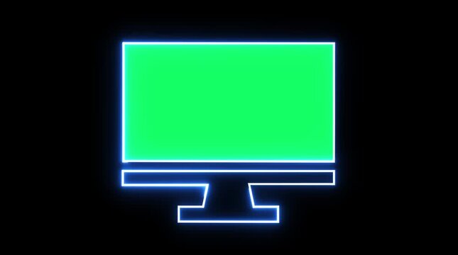 Neon outline of a computer monitor displaying horizontal green lines on a black background screen technology