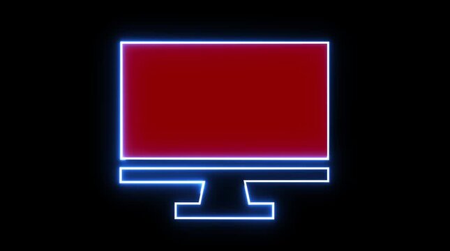 Neon outline of a computer monitor displaying horizontal red lines on a black background screen technology