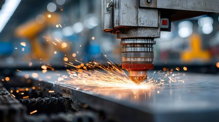 Industrial laser cutting machine processing metal sheet with sparks