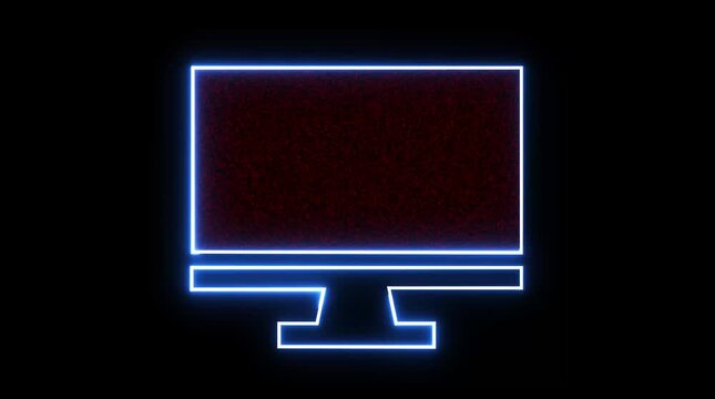 Neon outline of a computer monitor displaying red static noise on a black background screen technology
